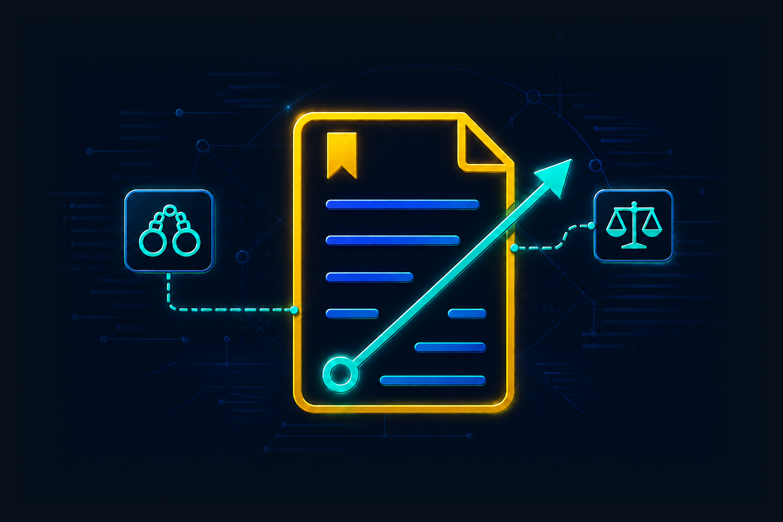 PolicyVector policy document connected to handcuffs and scales of justice