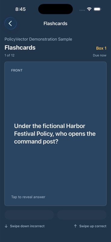 PolicyVector Reader showing a flashcard from the fictional Harbor Festival demonstration policy