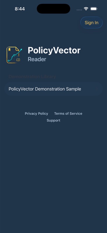 PolicyVector Reader demonstration library containing fictional sample material