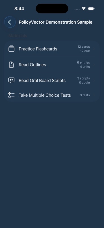 PolicyVector Reader material menu for flashcards, outlines, Oral Board scripts, and Multiple Choice tests